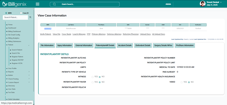 Billgenix payment record screen