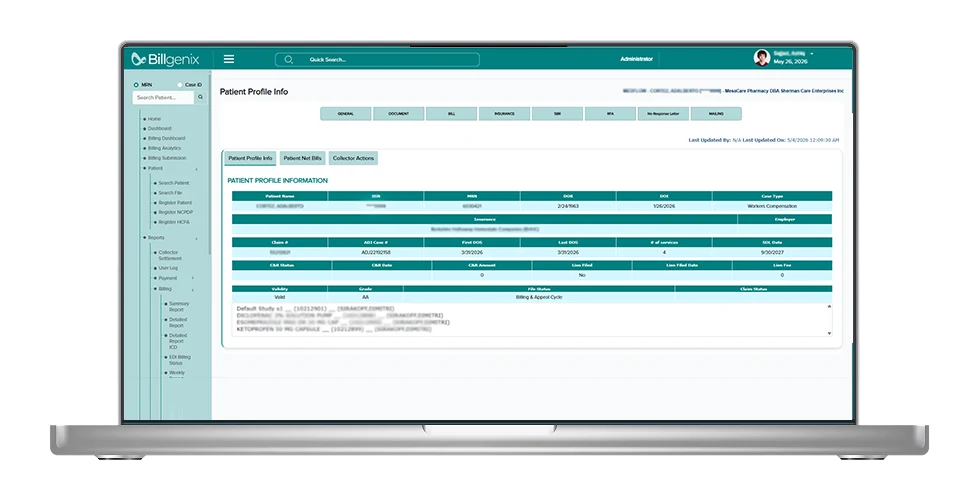 Billgenix personal injury patient profile dashboard